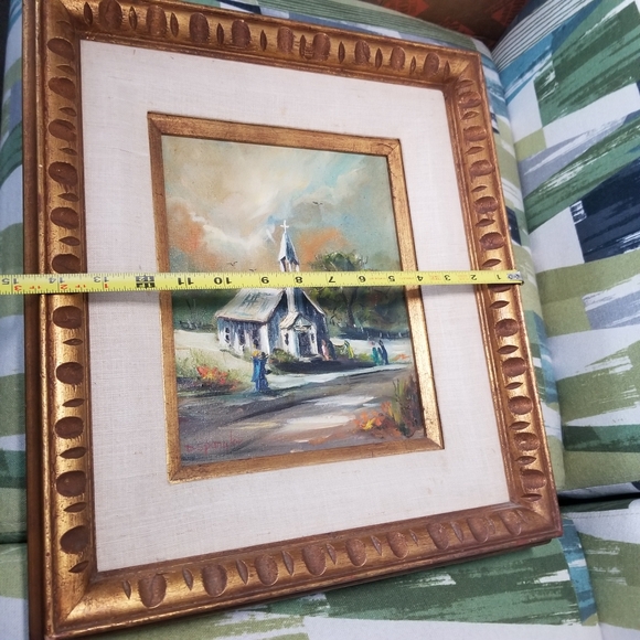 Original Oil Painting On Canvas Church Scene 1966 Signed Handcrafted Frame Vtg - Picture 4 of 16
